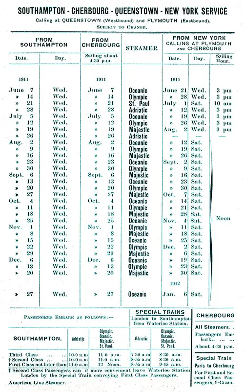 Sailing Schedule, Southampton-Cherbourg-Queenstown (Cobh)-New York, from 7 June 1911 to 6 January 1912.
