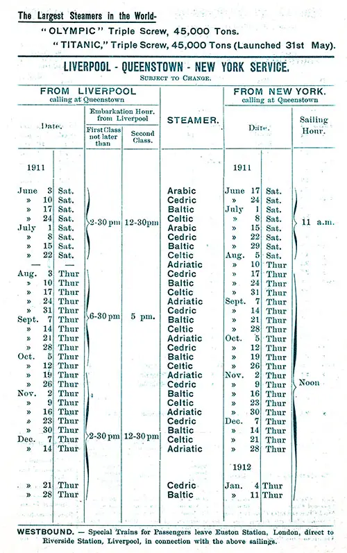 Sailing Schedule, Liverpool-Queenstown (Cobh)-New York, from 3 June 1911 to 11 January 1912.