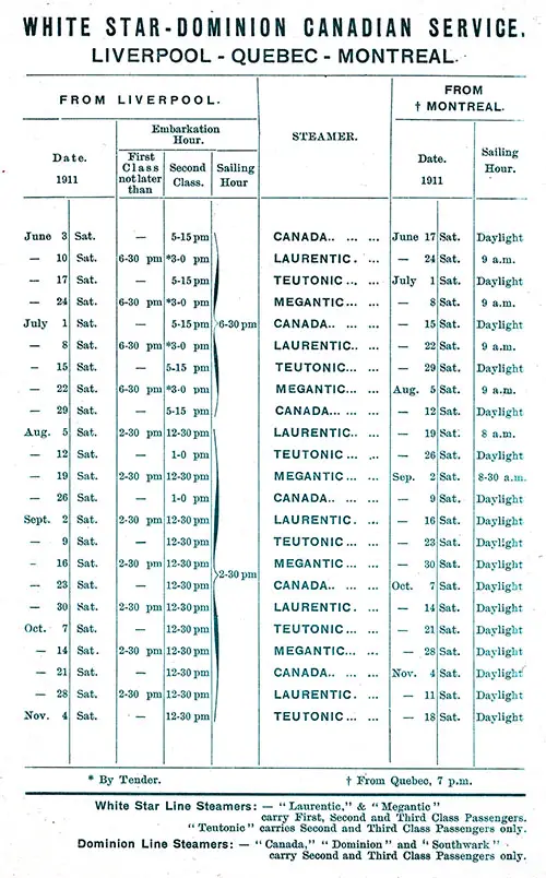 Sailing Schedule, Liverpool-Quebec-Montreal, from 3 June 1911 to 18 November 1911.