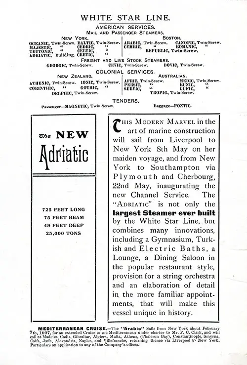 White Star Line American and Colonial Services, Information About the New Adriatic and a Mediterranean Cruise by the Arabic.