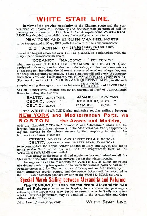 White Star Line Service to New York and English Channel Ports, and Special March 1907 Sailing of the Canopic.