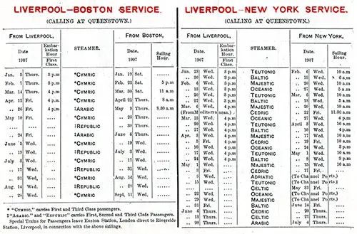 Sailing Schedule, White Star Line Liverpool-Boston and Liverpool-New York Services, frum 8 January 1907 to 11 September 1907.
