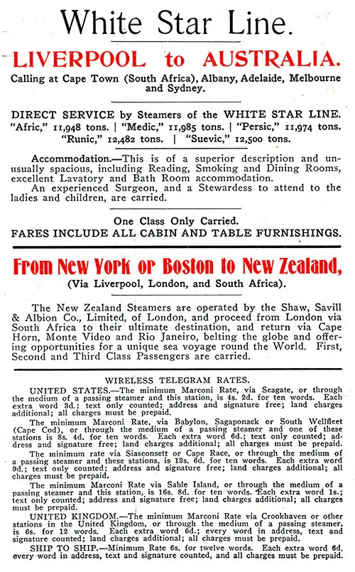 White Star Line Australia and New Zealand Services.
