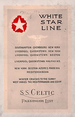 Front Cover, White Star Line RMS Celtic First Class Passenger List - 30 May 1925. 