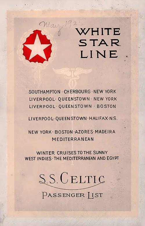 Front Cover, White Star Line RMS Celtic First Class Passenger List - 30 May 1925. 