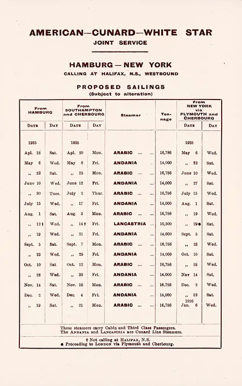 Sailing Schedule, American-Cunard-White Star Joint Service, Hamburg-New York, from 18 April 1925 to 6 January 1926.