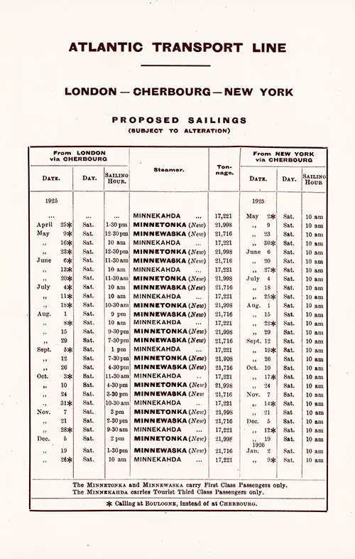 Sailing Schedule, Atlantic Transport Line, London-Cherbourg-New York, from 25 April 1925 to 9 January 1926.