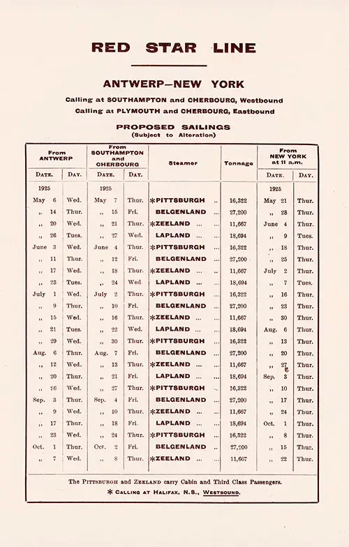 Sailing Schedule, Red Star Line, Antwerp-New York, from 6 May 1925 to 22 October 1925.