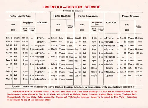 Sailing Schedule, Liverpool-Boston Service, from 1 February 1906 to 22 December 1906.