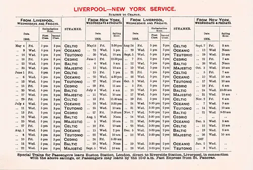 Sailing Schedule, Liverpool-New York Service, from 4 May 1906 to 9 January 1907.