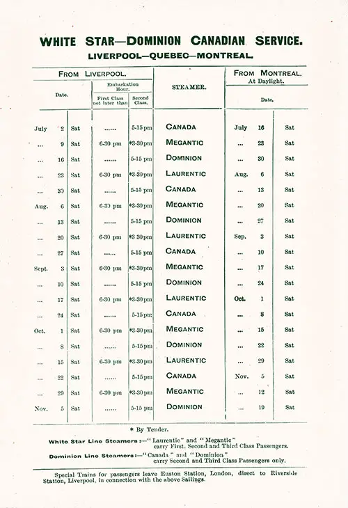 Sailing Schedule, White Star-Dominion Line Canadian Service, Liverpool-Quebec-Montreal, from 2 July 1910 to 19 November 1910.