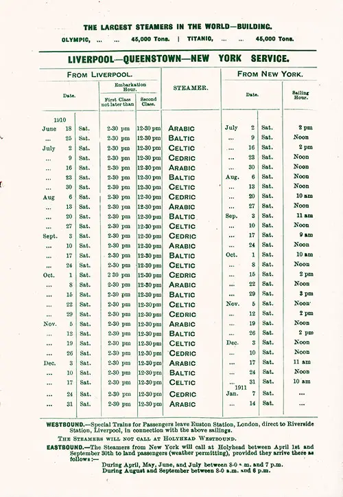 Sailing Schedule, Liverpool-Queenstown (Cobh)-New York Service, from 18 June 1910 to 14 January 1911.