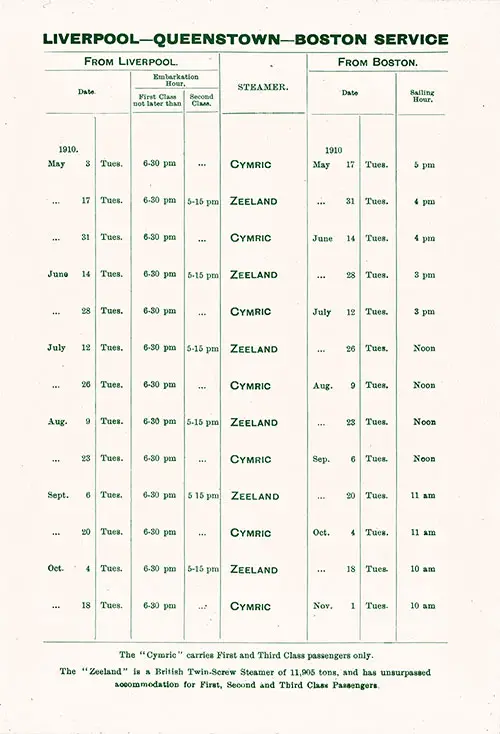 Sailing Schedule, Liverpool-Queenstown-Boston Service, from 3 May 1910 to 1 November 1910.