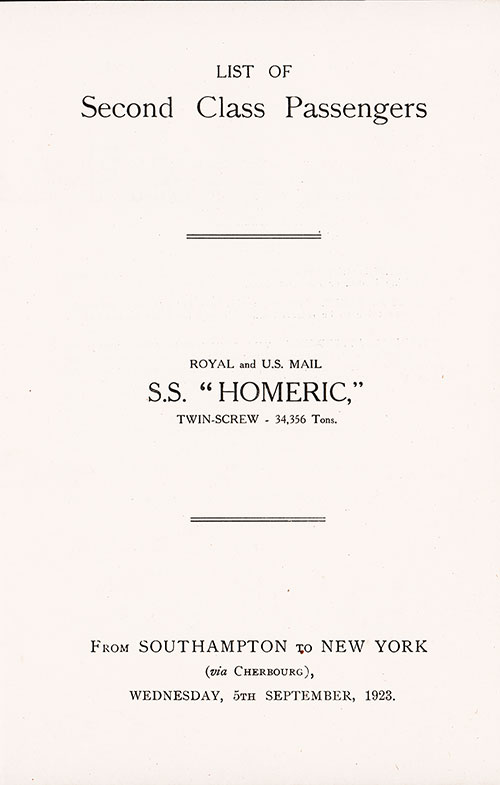Title Page, RMS Homeric Second Class Passenger List, 5 September 1923.