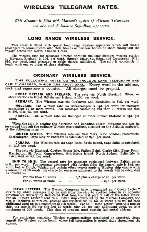 Wireless Telegram Rates, Long-Range Wireless Service, Ordinary Wireless Service, and Ocean Letters, 1923.