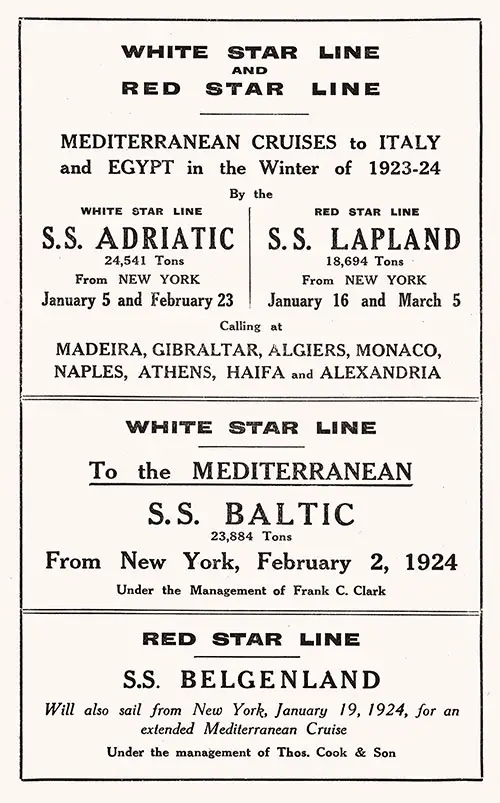 Mediterranean Cruises to Italy and Egypt in the Winter of 1923-1924.