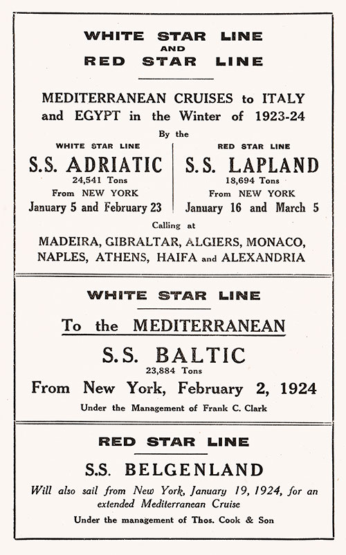 Mediterranean Cruises to Italy and Egypt in the Winter of 1923-1924.