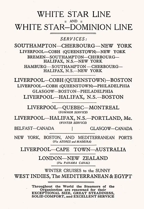 White Star Line and White Star-Dominion Line Services, 1923.