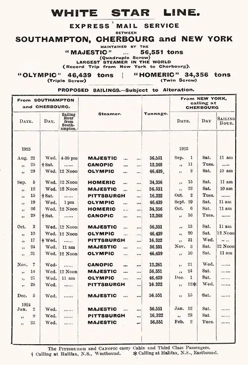 Sailing Schedule, Express Mail Service Between Southampton-Cherbourg-New York, from 22 August 1923 to 2 February 1924.