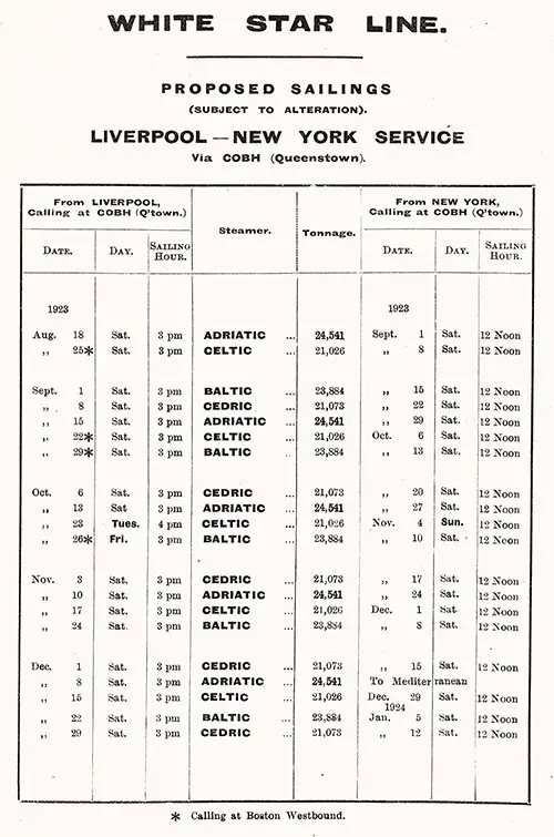 Sailing Schedule, Liverpool-Cobh (Queenstown)-New York, from 18 August 1923 to 12 January 1824.