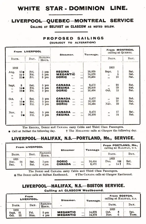 Sailing Schedule, Liverpool-Belfast-Glasgow-Québec-Montréal, Liverpool-Halifax-Portland, ME, Liverpool-Halifax-Boston, from 17 August 1923 to 14 December 1923.