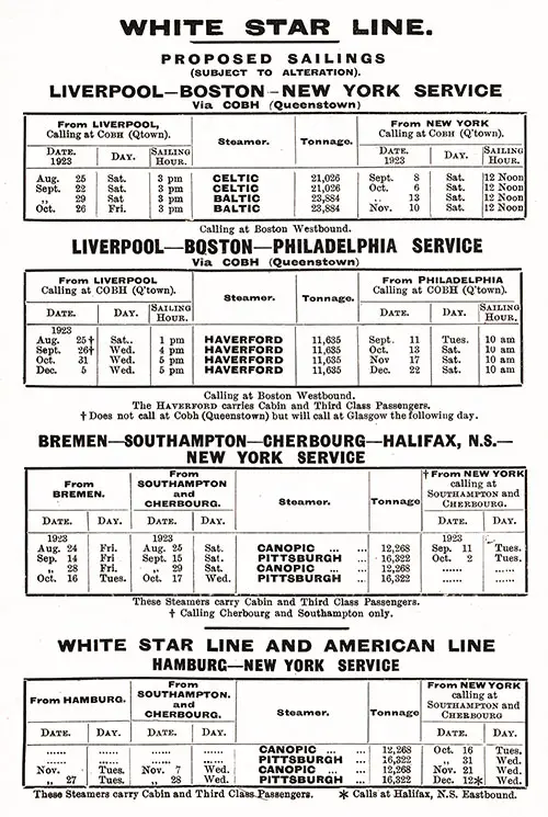 Sailing Schedule, Liverpool-Boston-New York, Liverpool-Boston-Philadelphia, Bremen-Southampton-Cherbourg-Halifax-New York, Hamburg-New York, from 24 August 1923 to 22 December 1923.