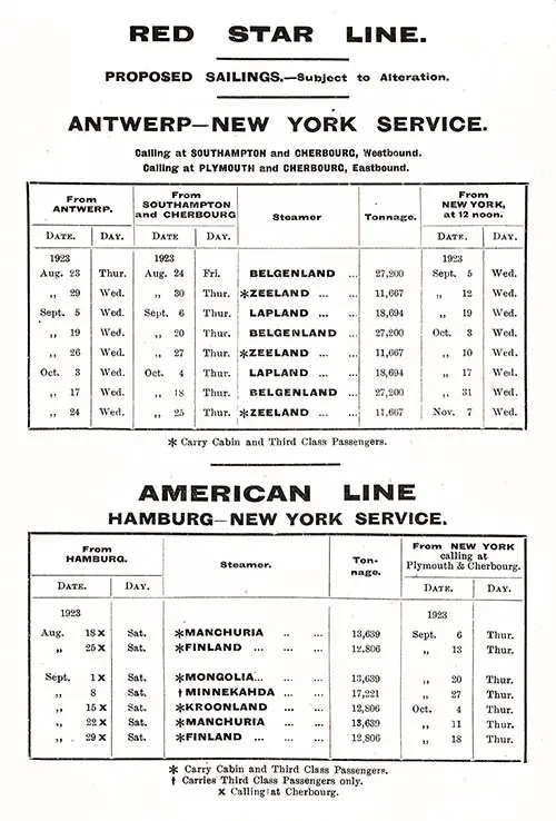 Sailing Schedule, Antwerp-Southampton-Cherbourg-New York and Hamburg-Plymouth-Cherbourg-New York, from 18 August 1923 to 7 November 1923.