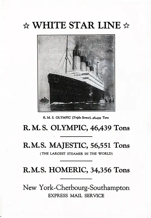 Services, RMS Olympic (Featured), RMS Majestic, and RMS Homeric, 1925.
