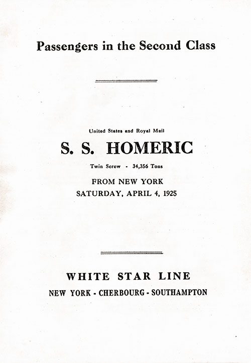 Title Page, SS Homeric Second Class Passenger List, 4 April 1925.