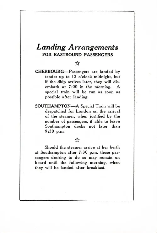 Landing Arrangements at Cherbourg and Southampton, SS Homeric Second Class Passenger List, 4 April 1925.