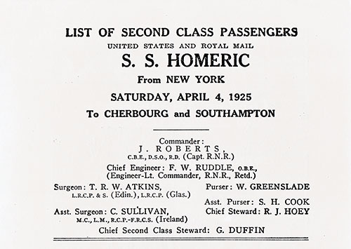 Senior Officers and Staff, SS Homeric Second Class Passenger List, 4 April 1925.