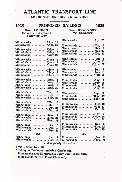 ATL Sailing Schedule, London-Cherbourg-New York and New York-Cherbourg-London, from 11 April 1925 to 16 January 1926.
