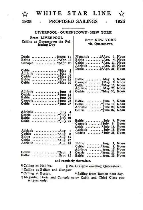 WSL Sailing Schedule, Liverpool-Queenstown (Cobh) New York and New York-Queenstown (Cobh)-Liverpool, from 1 April 1925 to 12 September 1925.