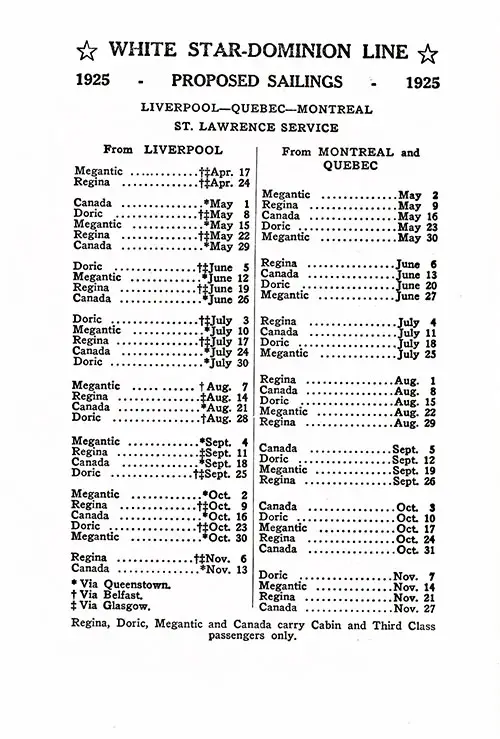 WSL Sailing Schedule, Liverpool-Quebec-Montreal and Montreal-Quebec-Liverpool, from 17 April 1925 to 27 November 1925.