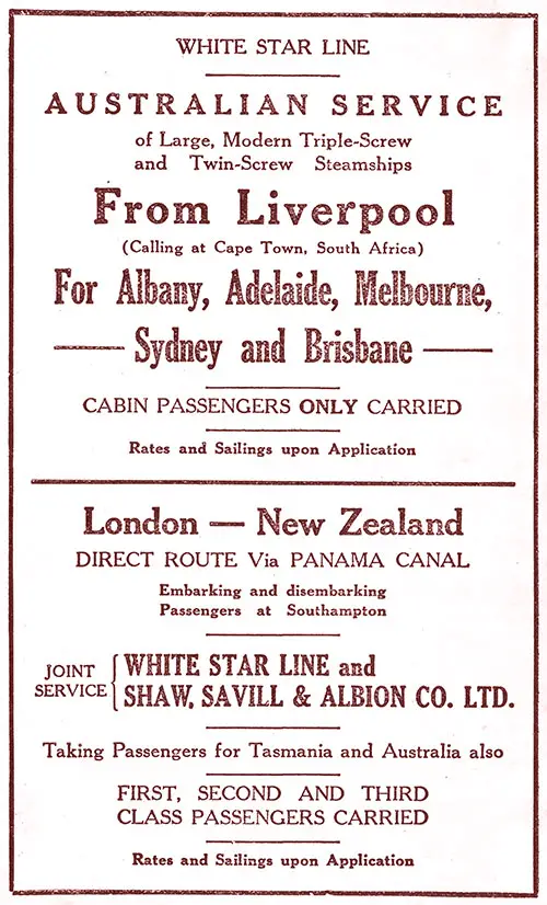 White Star Line Australian (Cabin Passengers Only) and New Zealand (First, Second, and Third Class) Services for 1925.