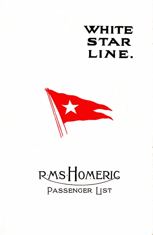 Front Cover, First Class Passenger List from the RMS Homeric of the White Star Line, Departing 27 May 1925 from Southampton to New York.