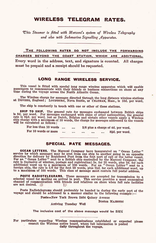 Wireless Telegram Rates, Long-Range Wireless Service, Ocean Letters, and Poste Radiotelegrams. RMS Homeric Passenger List, 27 May 1925.