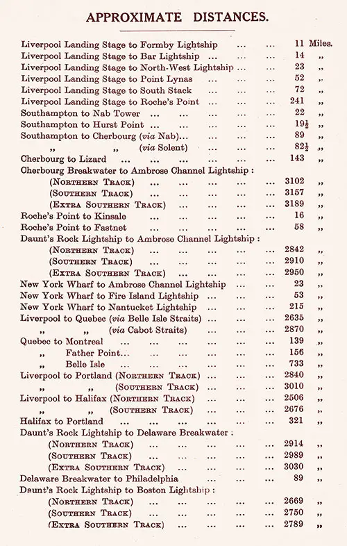 Approximate Distances, Westbound Voyages of the White Star Line, 1925.
