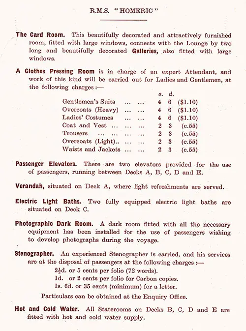 White Star Line RMS Homeric, 24,351 Tons Guide to Public Rooms, 1925, Part 2 of 2.
