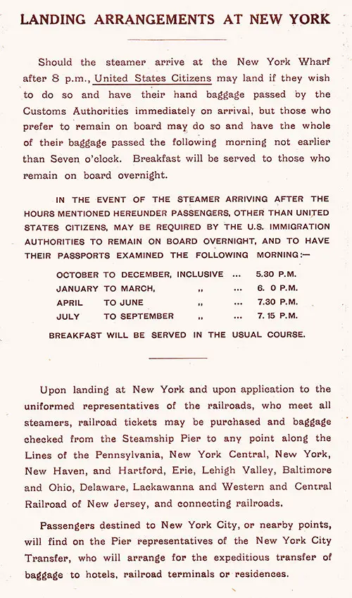 Landing Arrangements at New York, RMS Homeric Passenger List, 27 May 1925.