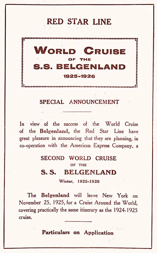 Advertisement: Red Star Line World Cruise of the SS Belgenland 1925-1926.