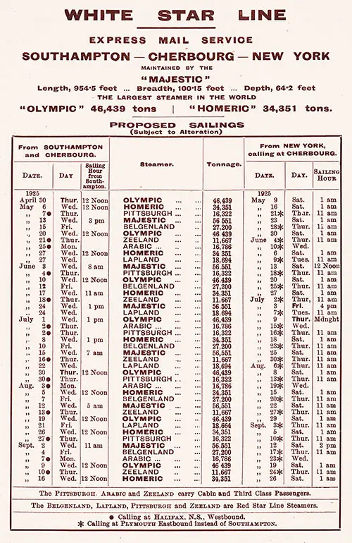 Sailing Schedule, Southampton-Cherbourg-New York, from 30 April 1925 to 26 September 1925.