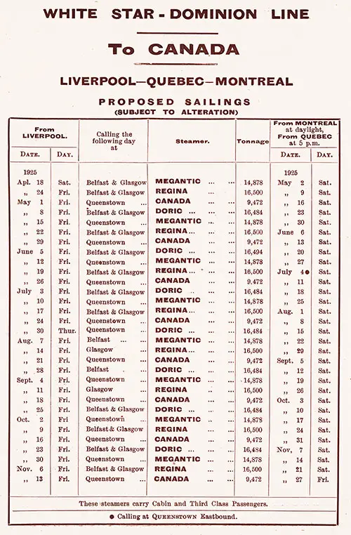 Sailing Schedule, Liverpool-Québec-Montréal, from 18 April 1925 to 27 November 1925.