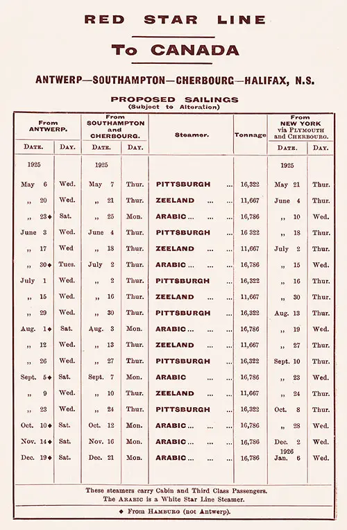 Sailing Schedule, Antwerp-Southampton-Cherbourg-Halifax-New York, from 6 May 1925 to 6 January 1926.