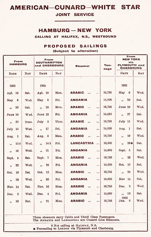 Sailing Schedule, Hamburg-Halifax-New York, from 18 April 1925 to 6 January 1926.