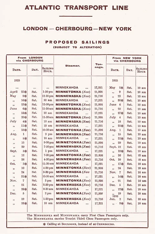 Sailing Schedule, London-Cherbourg-New York, from 25 April 1925 to 9 January 1926.