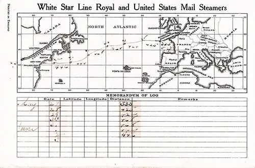 Track Chart and Memorandum of Log for the 27 May 1925 Voyage of the RMS Homeric.