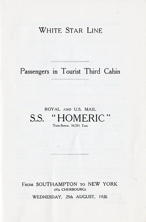 Title Page, RMS Homeric Tourist Third Cabin Passenger List, 25 August 1926.