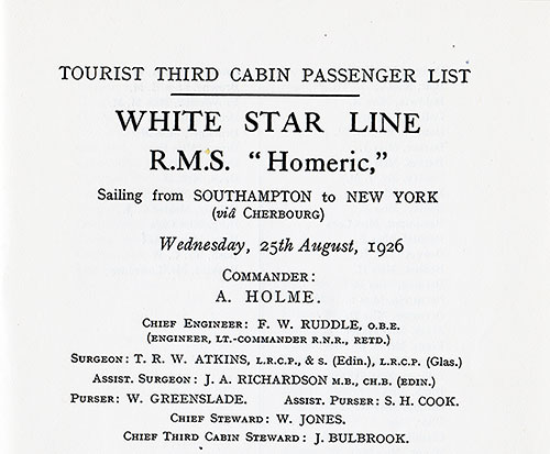 List of Senior Officers and Staff, RMS Homeric Tourist Third Cabin Passenger List, 25 August 1926.