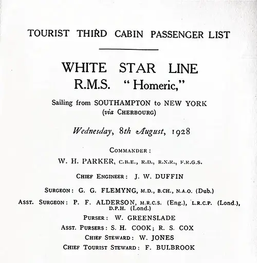 List of Senior Officers and Staff, RMS Homeric Tourist Third Cabin Passenger List, 8 August 1928.